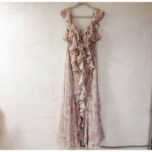 NEW Storia Ruffle Maxi Dress in Gray Pink Floral Large